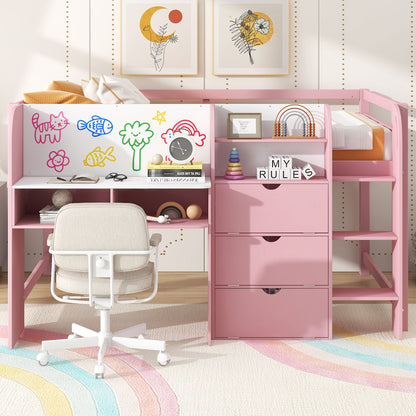Low Loft Bed With Built In Desk, Storage Cabinets, Open Bookcase And Doodle board - The Sleep Loft - Online Mattress Showroom NYC