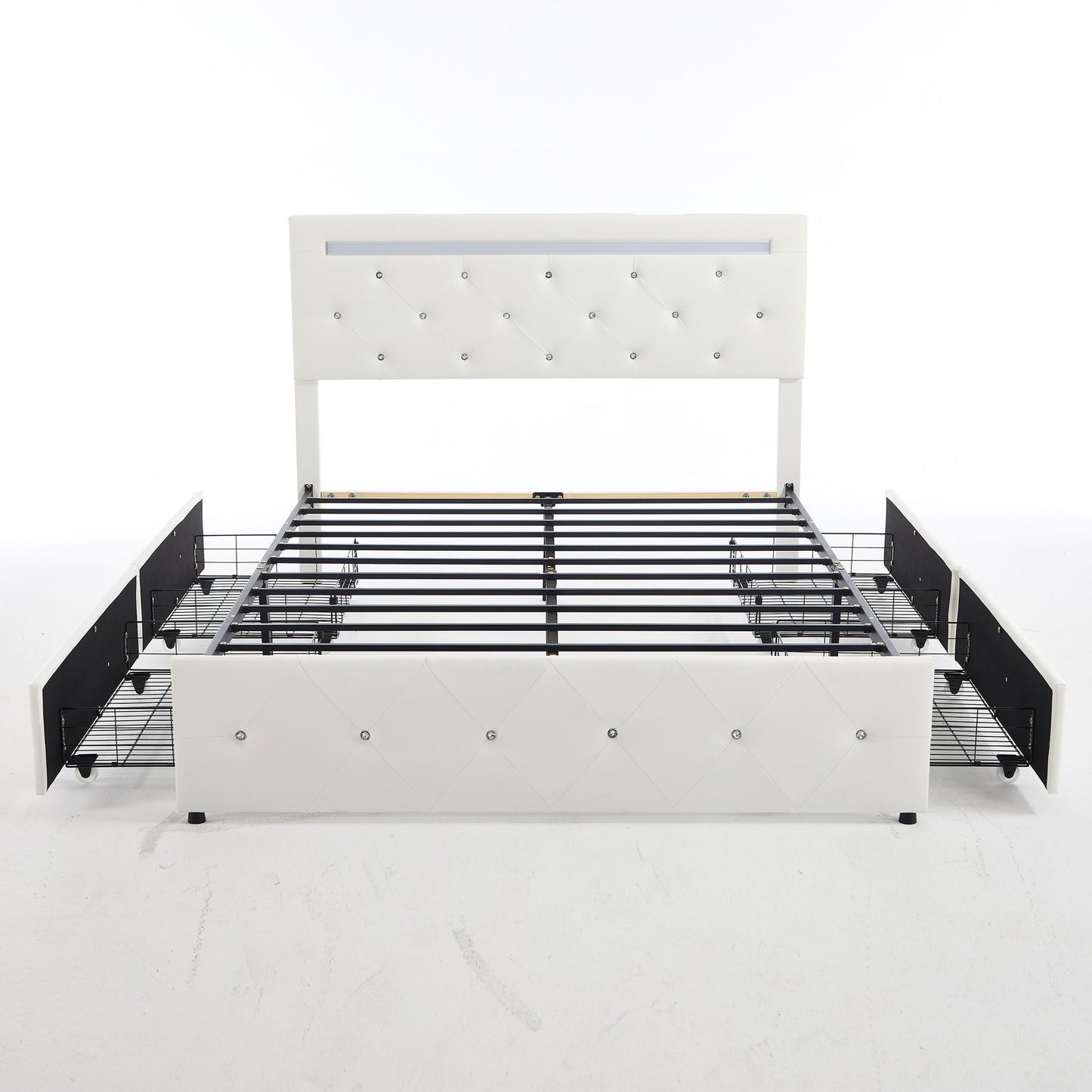 Upholstered Bed Frame With LED Lights, 4 Storage Drawers, Charging Station - The Sleep Loft - Online Mattress Showroom NYC