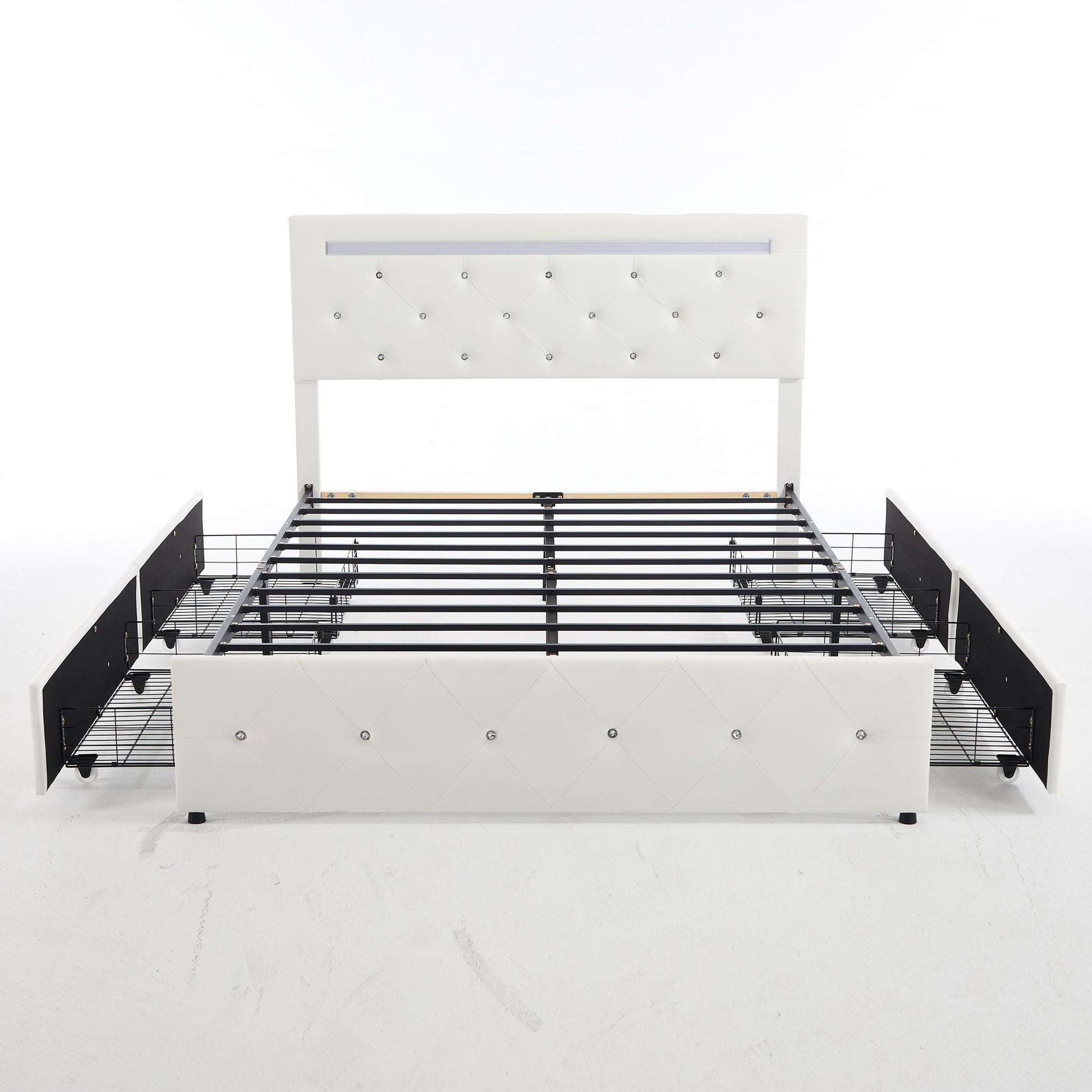 Upholstered Bed Frame With LED Lights, 4 Storage Drawers, Charging Station - The Sleep Loft - Online Mattress Showroom NYC
