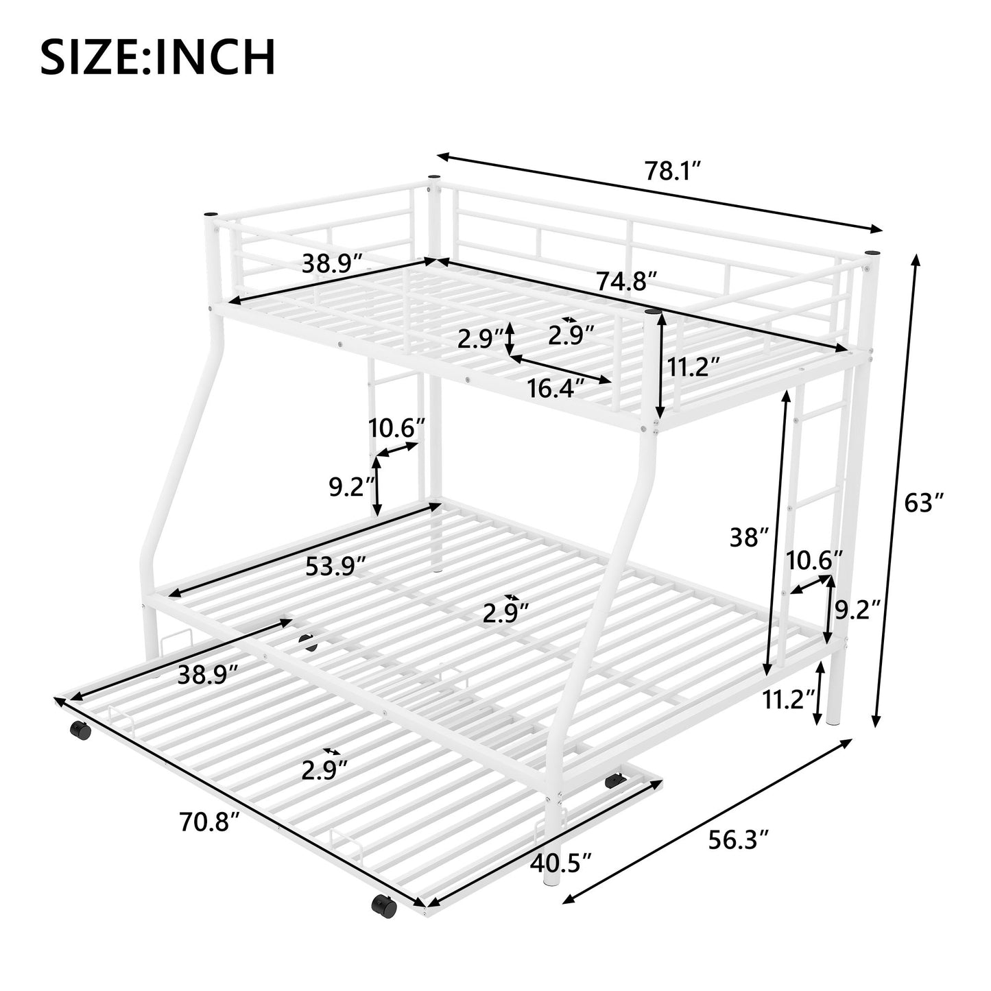 Bunk Bed With Steel Frame And Trundle, 2 Side Ladders - The Sleep Loft - Online Mattress Showroom NYC