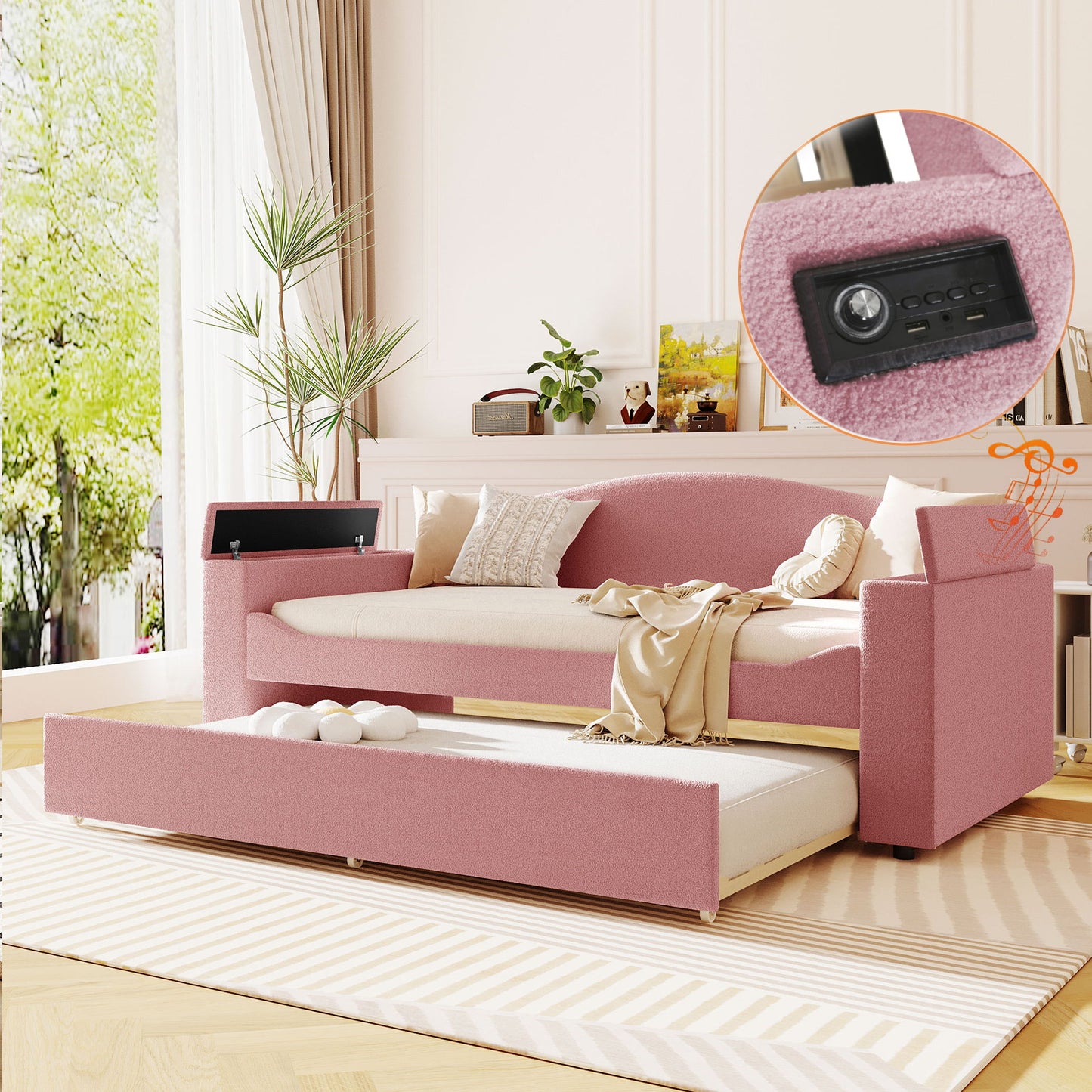 Upholstered Daybed With Storage Armrests, Trundle And Latest Integrated tooth Audio System - The Sleep Loft - Online Mattress Showroom NYC