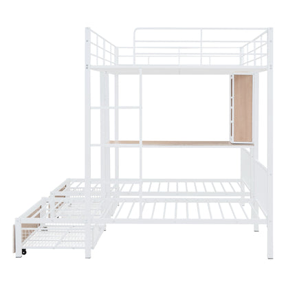 Triple Bunk Bed With Drawers, Multi-Functional Frame With Desks And Shelves In The Middle - The Sleep Loft - Online Mattress Showroom NYC