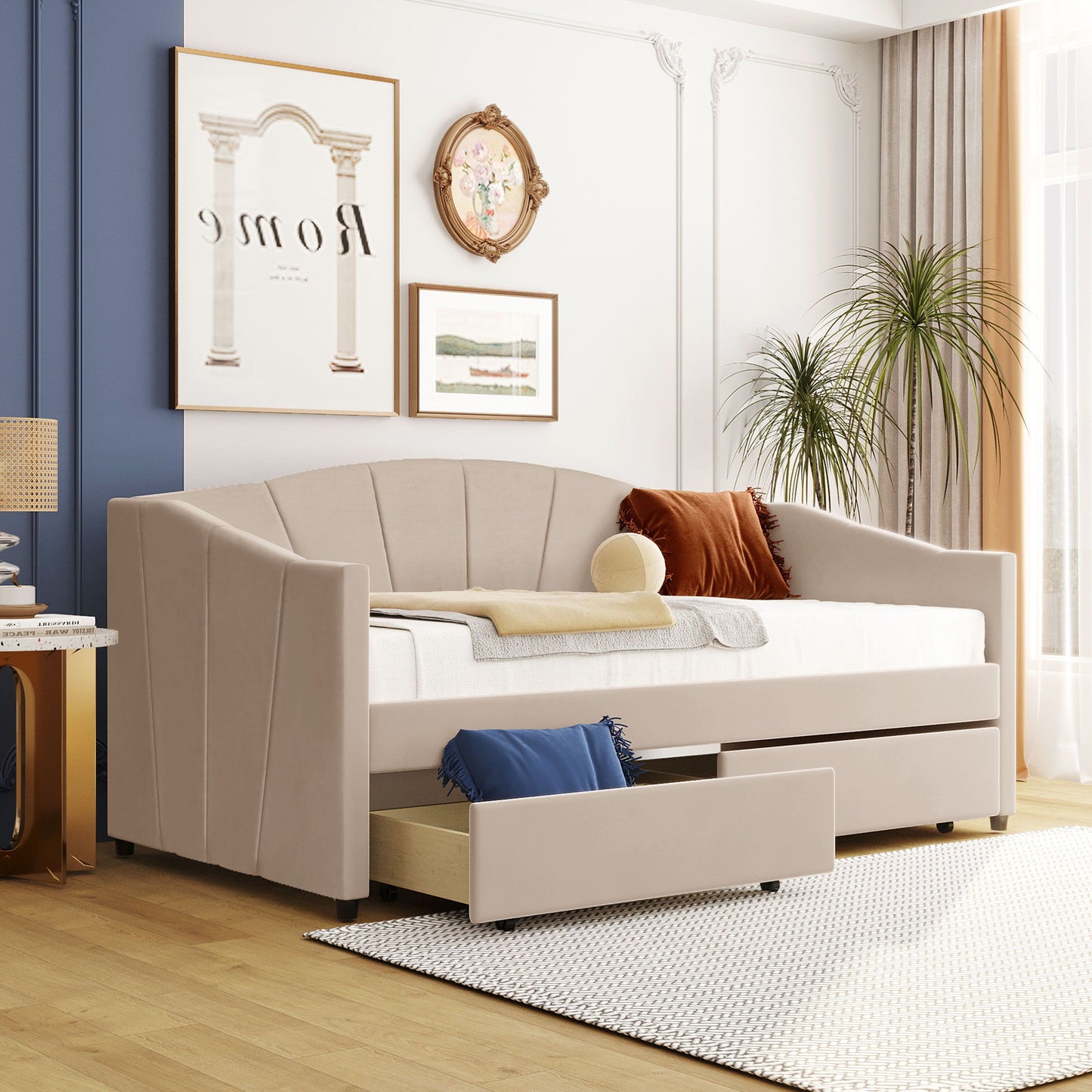 Upholstered Daybed With Two Drawers And Wood Slat - The Sleep Loft - Online Mattress Showroom NYC