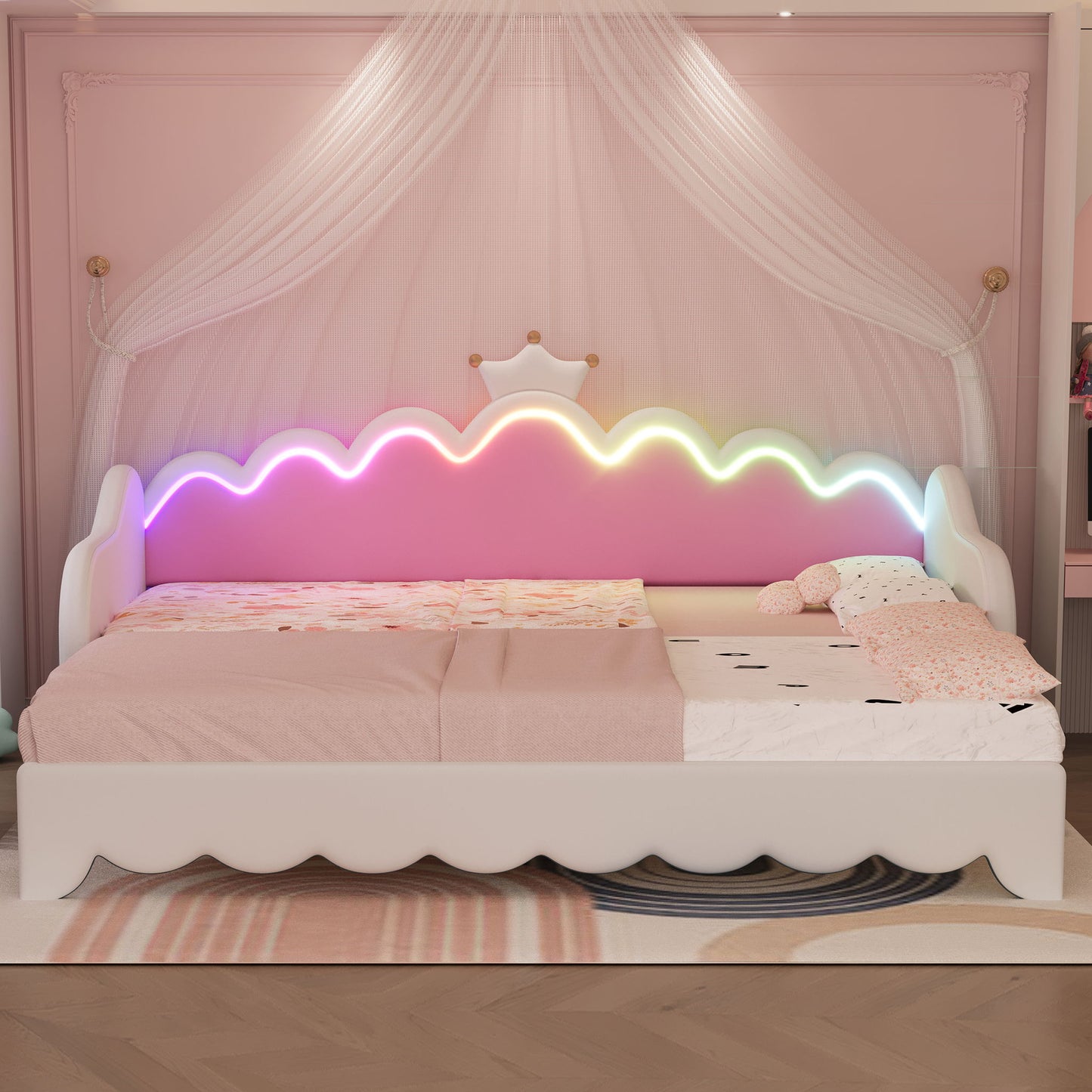 Extending Daybed With LED Lights, Modern Upholstered Princess Daybed With Crown Headboard - The Sleep Loft - Online Mattress Showroom NYC
