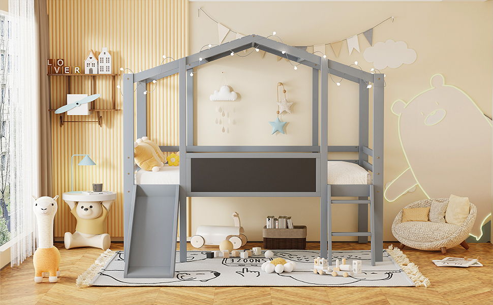 Loft House Bed With Ladder And Slide, With board And Light Strip On The Roof - The Sleep Loft - Online Mattress Showroom NYC