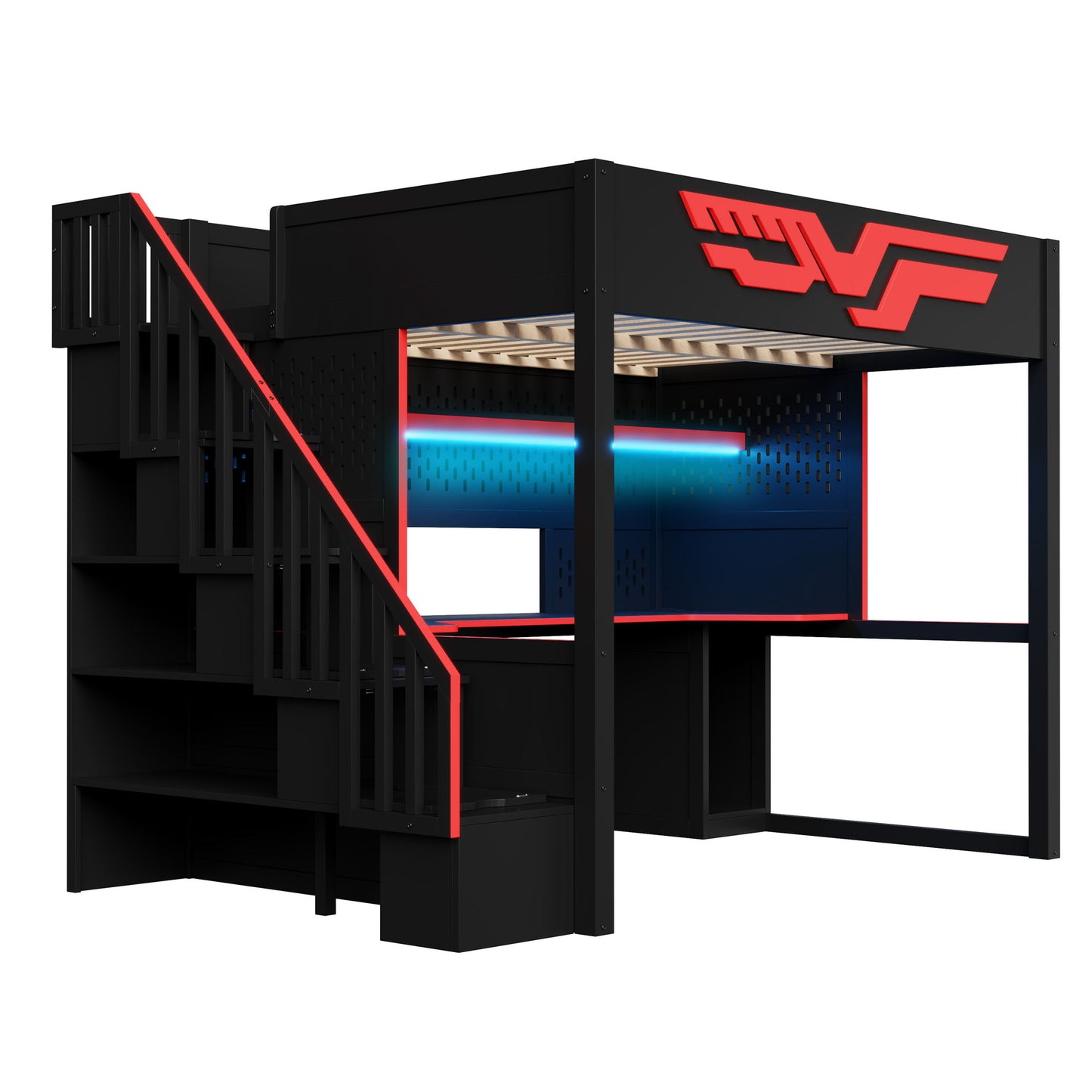 Full Gaming Loft Bed With Desk And Storage Staircase, LED Lights And USB - Red / Black - The Sleep Loft - Online Mattress Showroom NYC