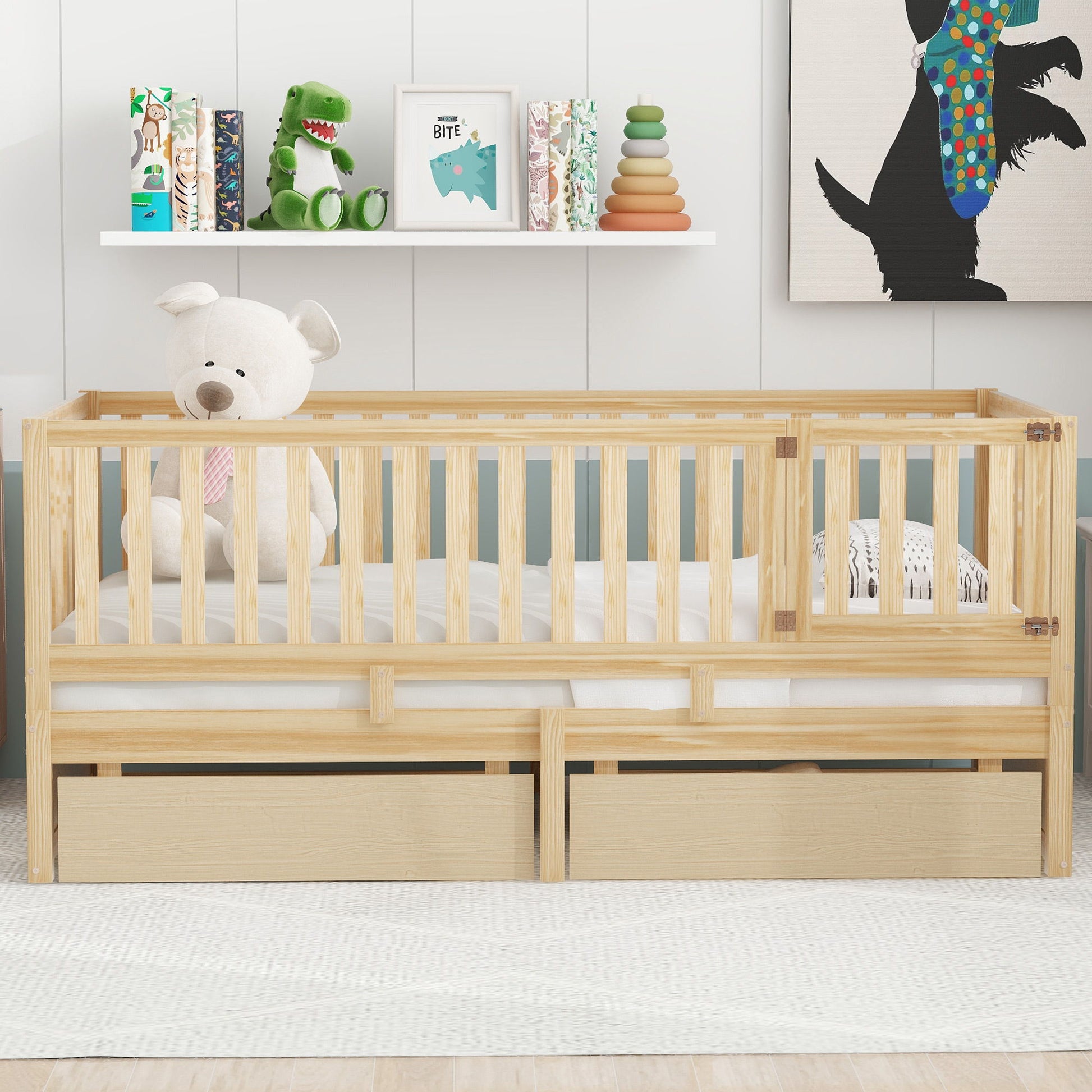 Daybed With Fence Guardrails And 2 Drawers, Split Into Independent Floor Bed & Daybed - The Sleep Loft - Online Mattress Showroom NYC