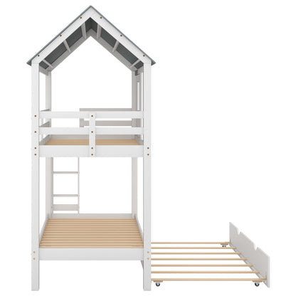 Twin Size House Bunk Bed With Trundle, Roof And Windows - White / Gray - The Sleep Loft - Online Mattress Showroom NYC