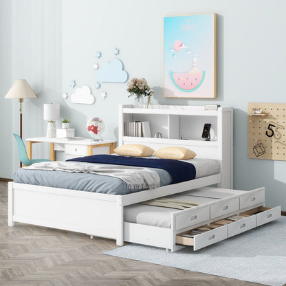 Full Size Platform Bed With Trundle, Drawers, USB Ports And Built In Shelves - White - The Sleep Loft - Online Mattress Showroom NYC