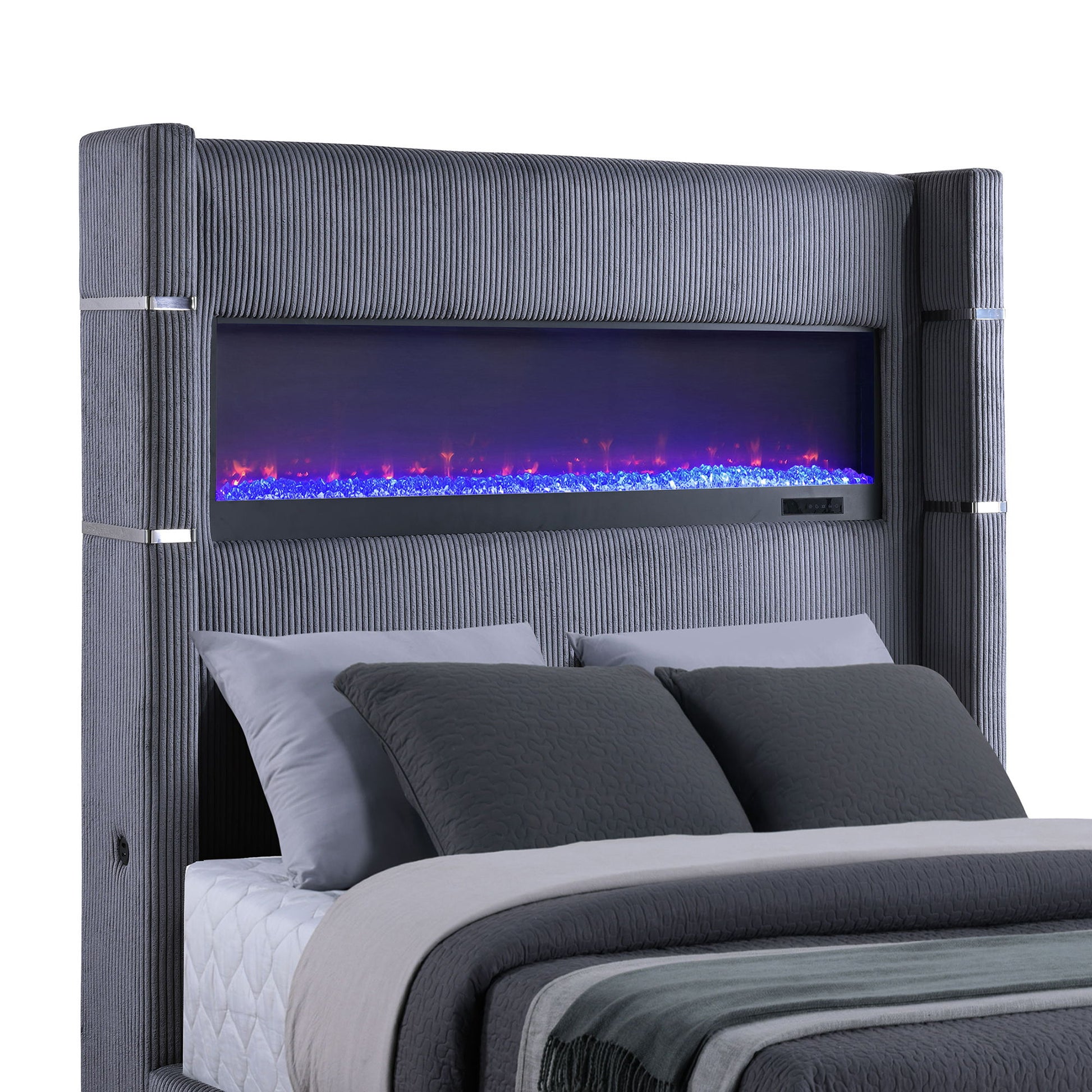 Haven - Upholstered Queen Bed With Integrated Flame Box - Gray - The Sleep Loft - Online Mattress Showroom NYC