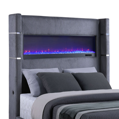 Haven - Upholstered Queen Bed With Integrated Flame Box - Gray - The Sleep Loft - Online Mattress Showroom NYC