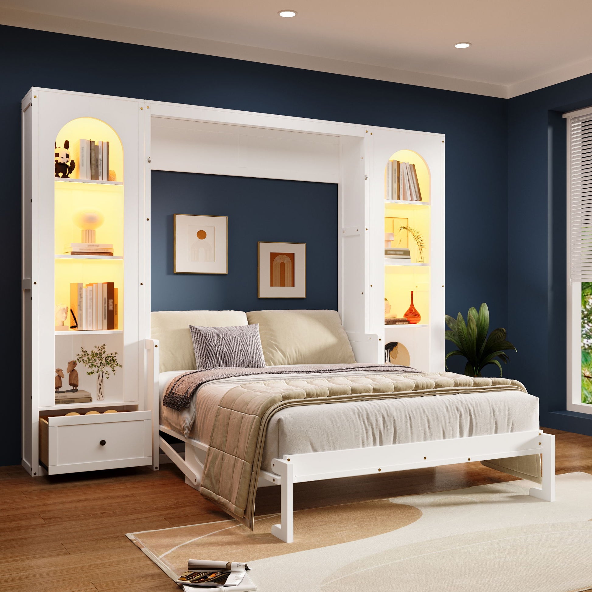 French Style Murphy Platform Bed With Shelf, Side Cabinets, Drawers And LED - The Sleep Loft - Online Mattress Showroom NYC