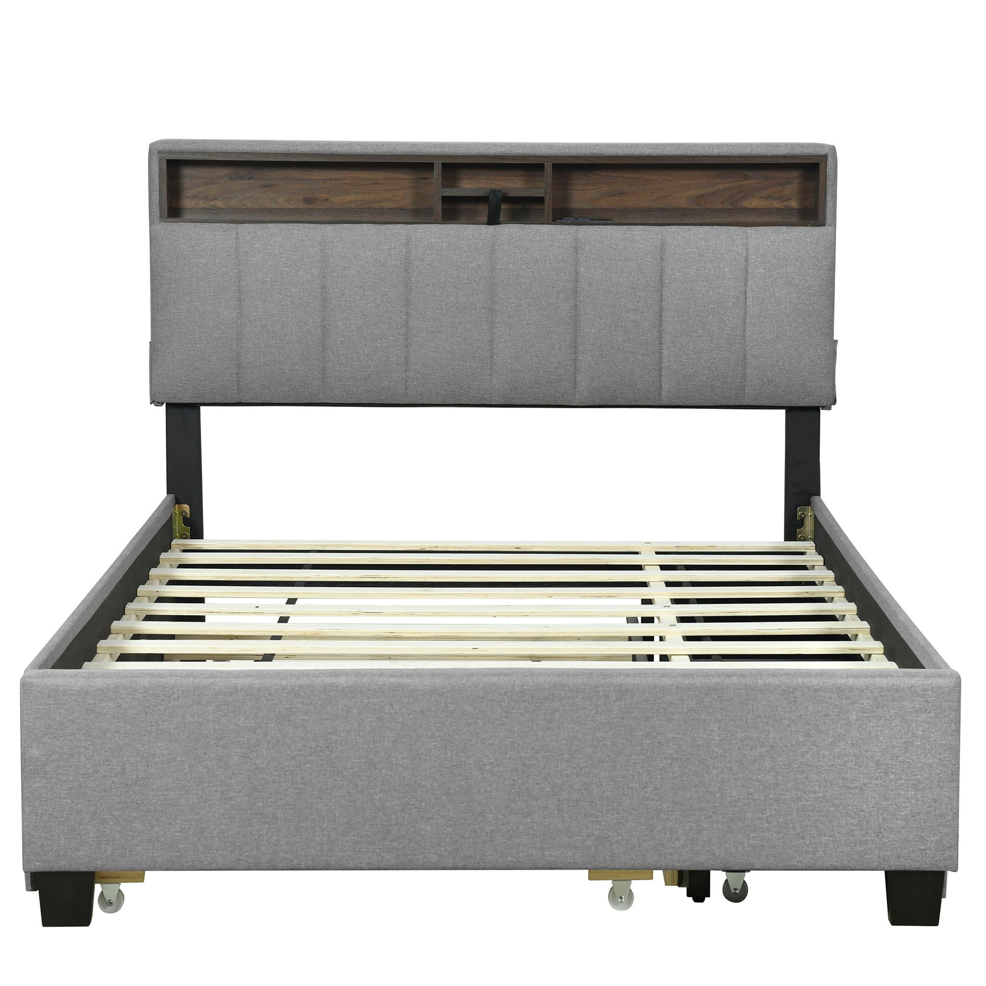 Upholstered Platform Bed With Storage Headboard, Trundle & 2 Drawers And A Set Of Sockets & USB Ports - The Sleep Loft - Online Mattress Showroom NYC