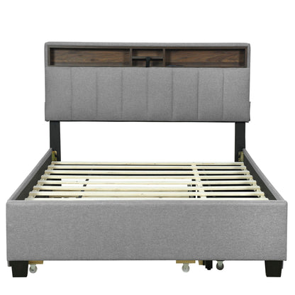 Upholstered Platform Bed With Storage Headboard, Trundle & 2 Drawers And A Set Of Sockets & USB Ports - The Sleep Loft - Online Mattress Showroom NYC