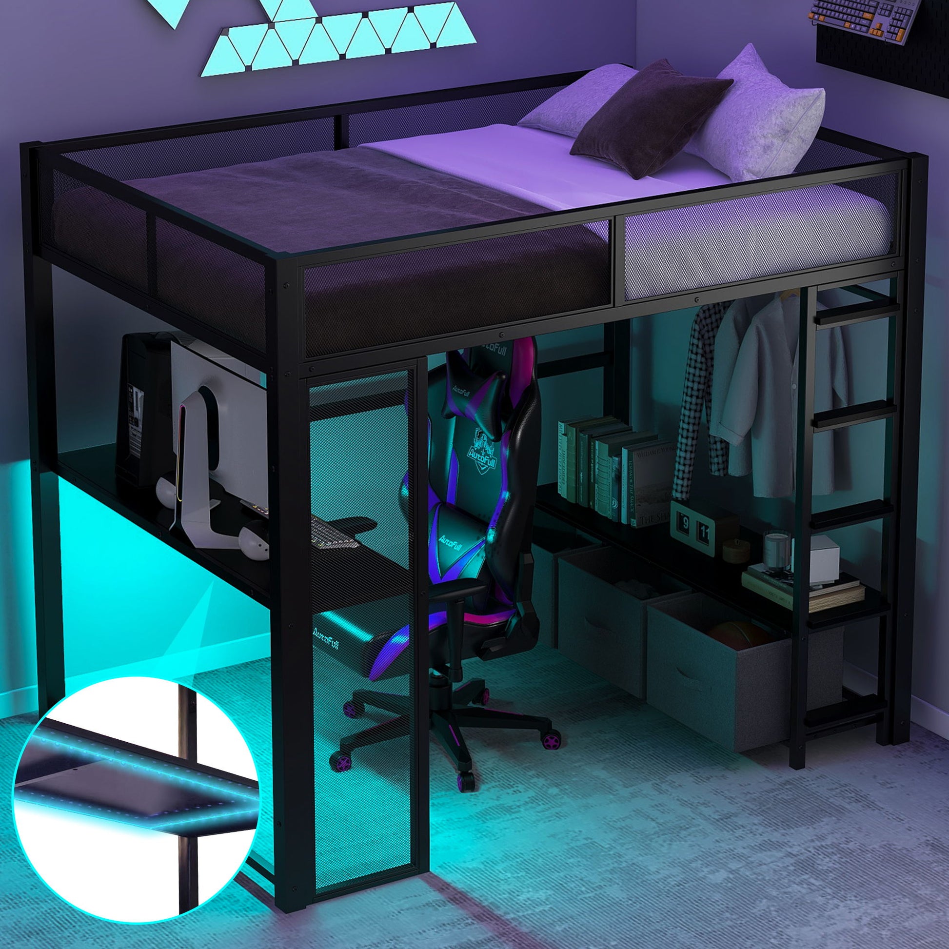 Full Size Gaming Loft Bed With LED Desk, Open Wardrobe, 3 Linen Storage Drawers - Black - The Sleep Loft - Online Mattress Showroom NYC