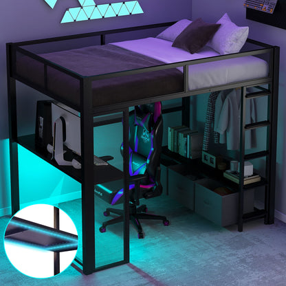 Full Size Gaming Loft Bed With LED Desk, Open Wardrobe, 3 Linen Storage Drawers - Black - The Sleep Loft - Online Mattress Showroom NYC