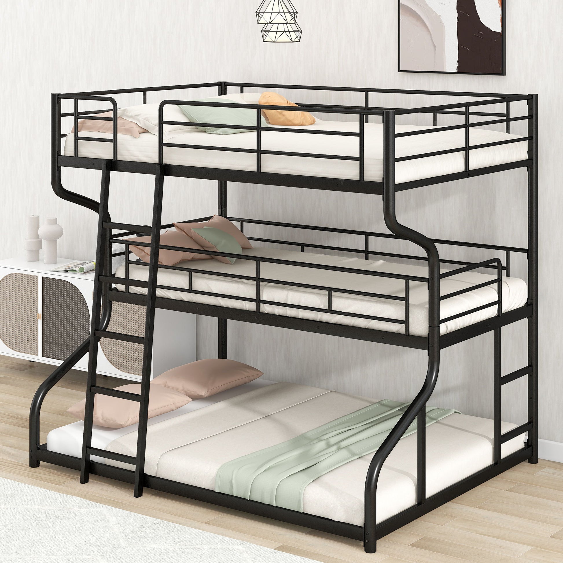 Industrial Triple Bunk Bed With Dual Ladders Frame, Space Saving Design - The Sleep Loft - Online Mattress Showroom NYC