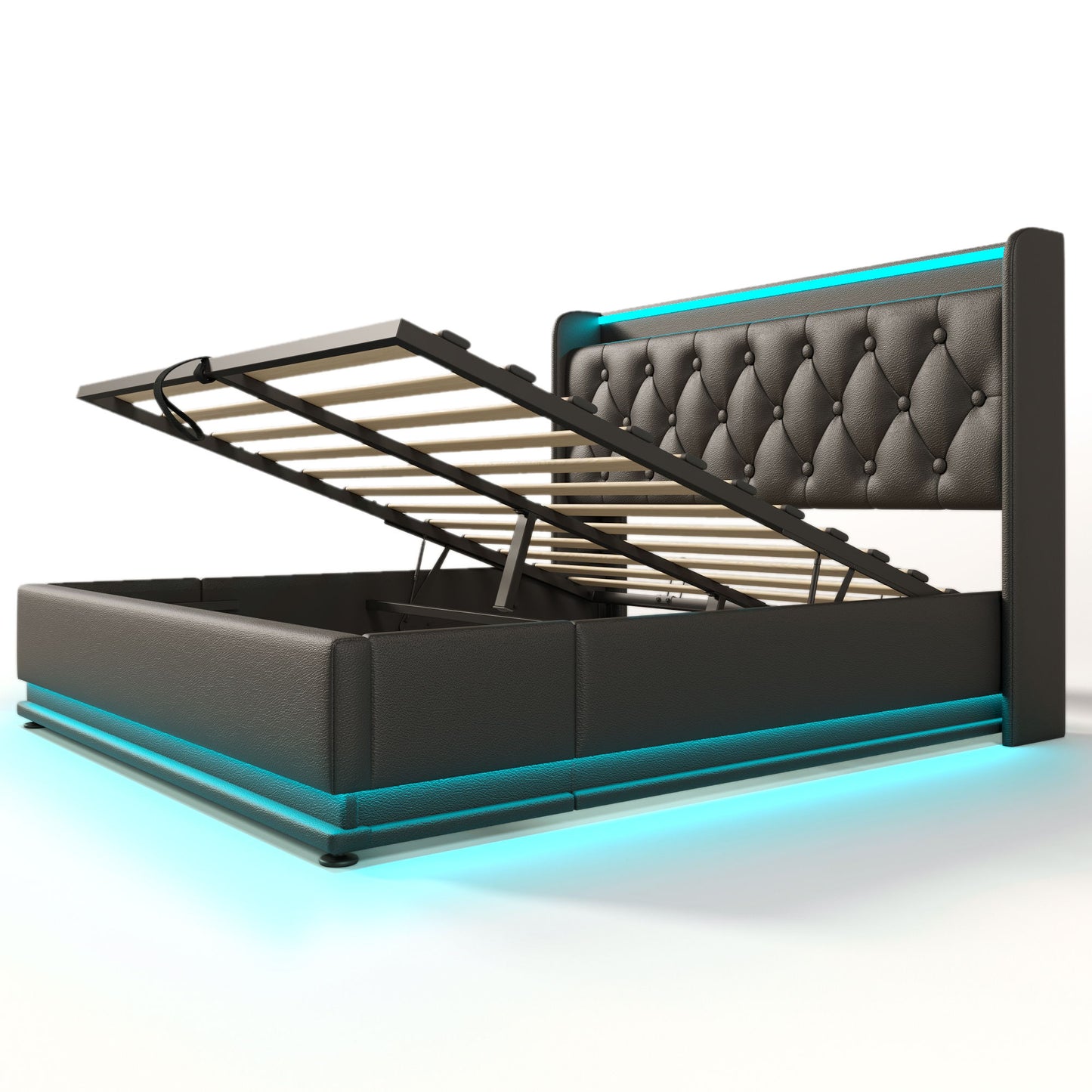 Upholstered Bed, 360 Surround LED Function, Remote Control, Hydraulic Storage Bed With USB, Type-C Charging (Without Mattress) - The Sleep Loft - Online Mattress Showroom NYC