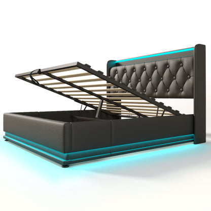 Upholstered Bed, 360 Surround LED Function, Remote Control, Hydraulic Storage Bed With USB, Type-C Charging (Without Mattress) - The Sleep Loft - Online Mattress Showroom NYC