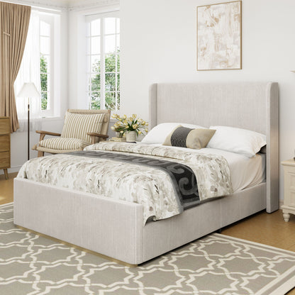King Size Luxurious Corduroy Upholstered Bed Frame With Vertical Stripe Wingback Headboard And High Footboard - Light Gray - The Sleep Loft - Online Mattress Showroom NYC