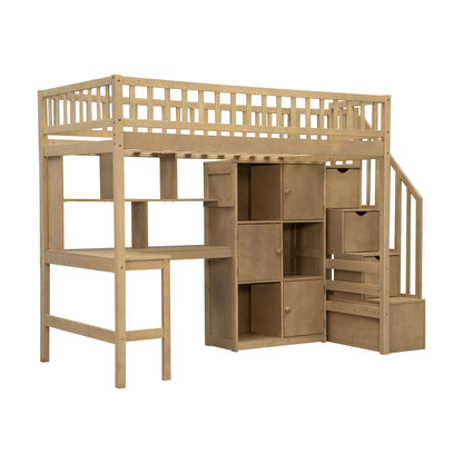 Loft Bed With Built In L Shaped Desk, LED Lights, Storage Shelves, Cabinets, And Staircase - The Sleep Loft - Online Mattress Showroom NYC
