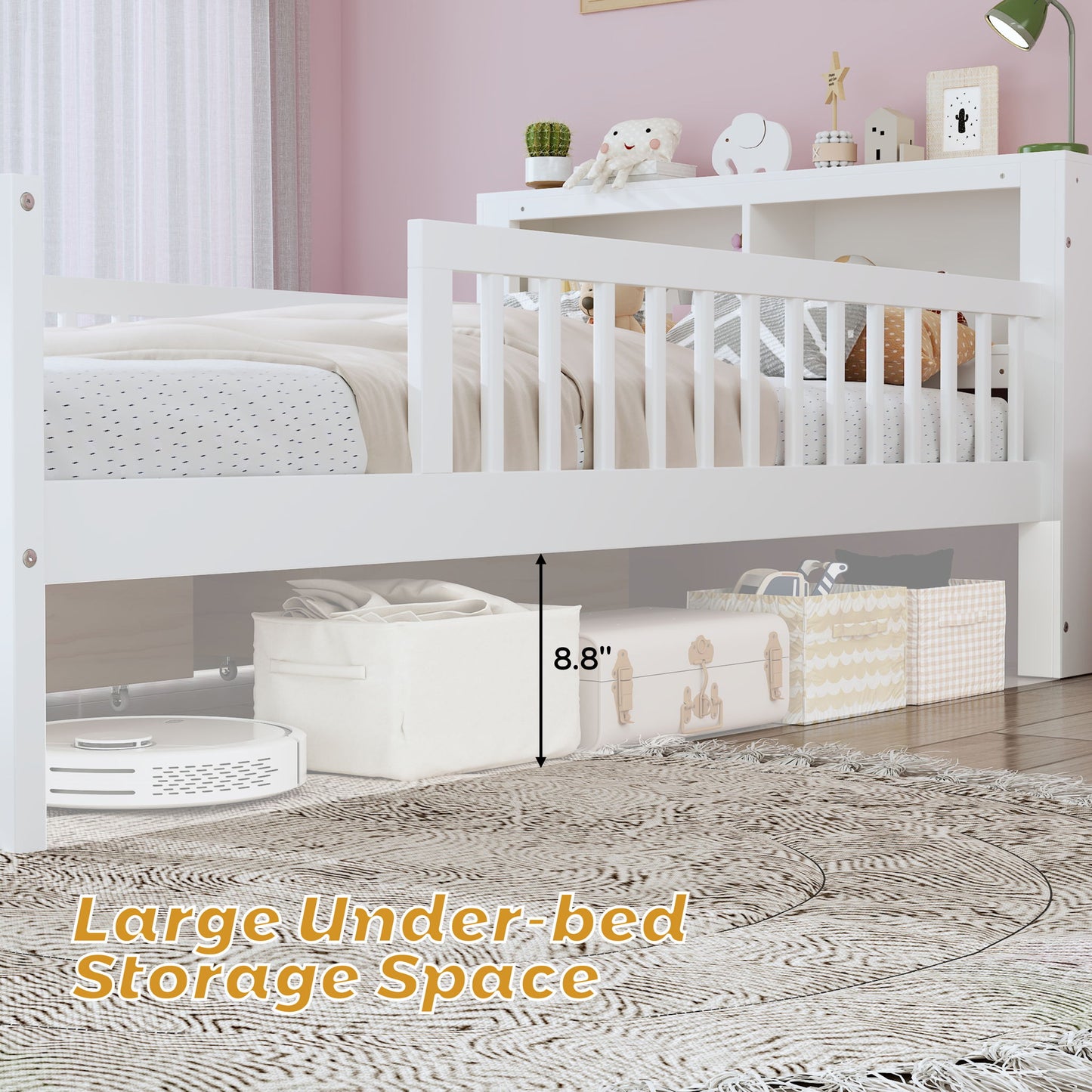 Bed With Headboard Storage Rack, 2 Under Bed Drawers, 3 Side Guardrails For Safety - The Sleep Loft - Online Mattress Showroom NYC