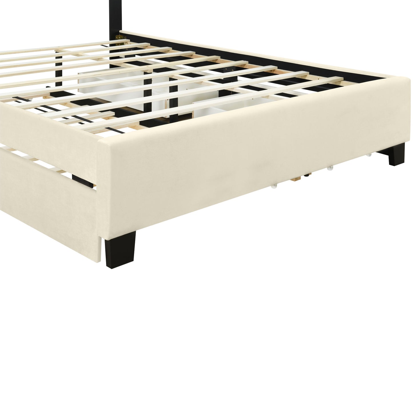 Upholstered Platform Bed With 2 Drawers And 1 Trundle, Classic Strip Headboard Design - The Sleep Loft - Online Mattress Showroom NYC