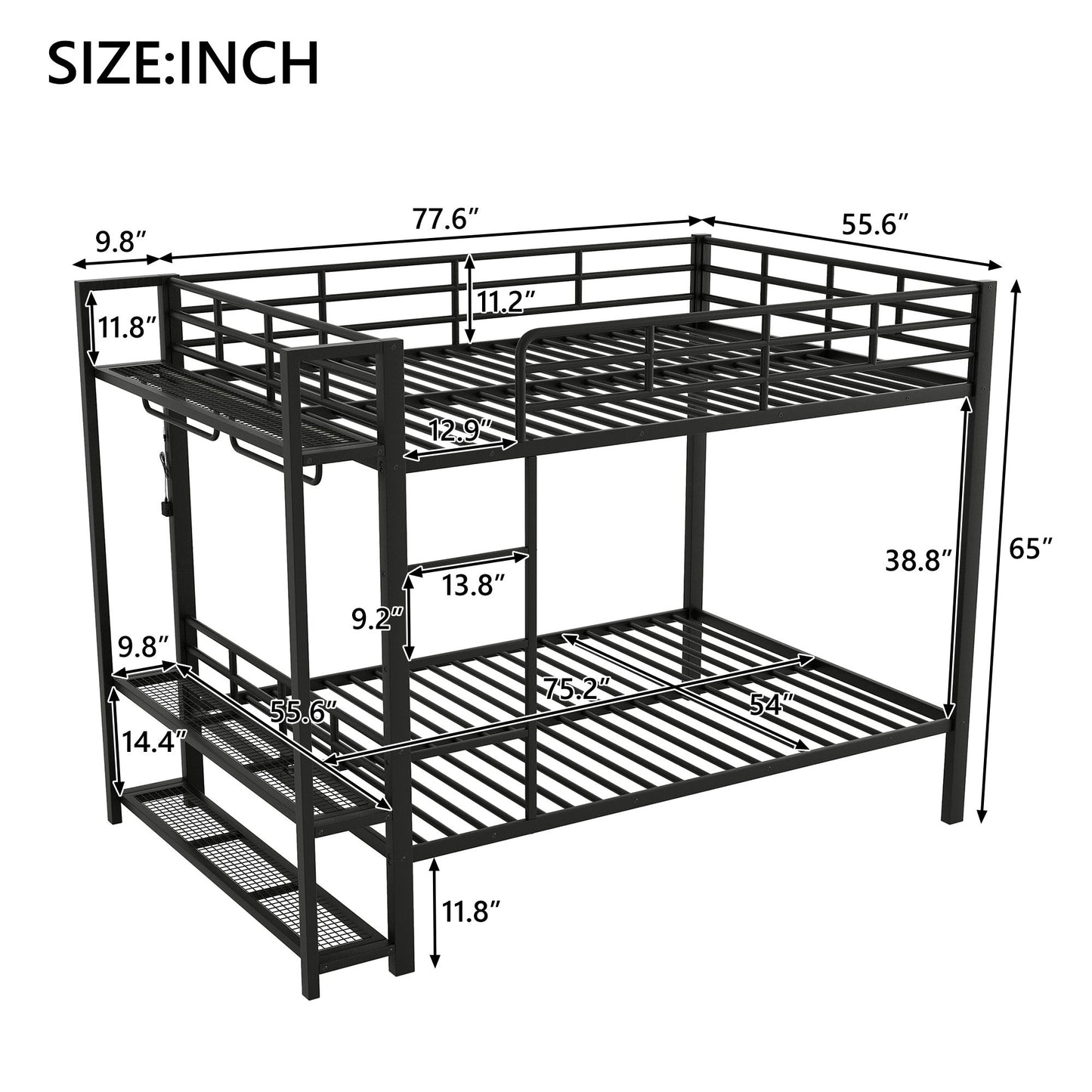 Bunk Bed With Storage Shelves, Clothes Hooks, LED Light - The Sleep Loft - Online Mattress Showroom NYC