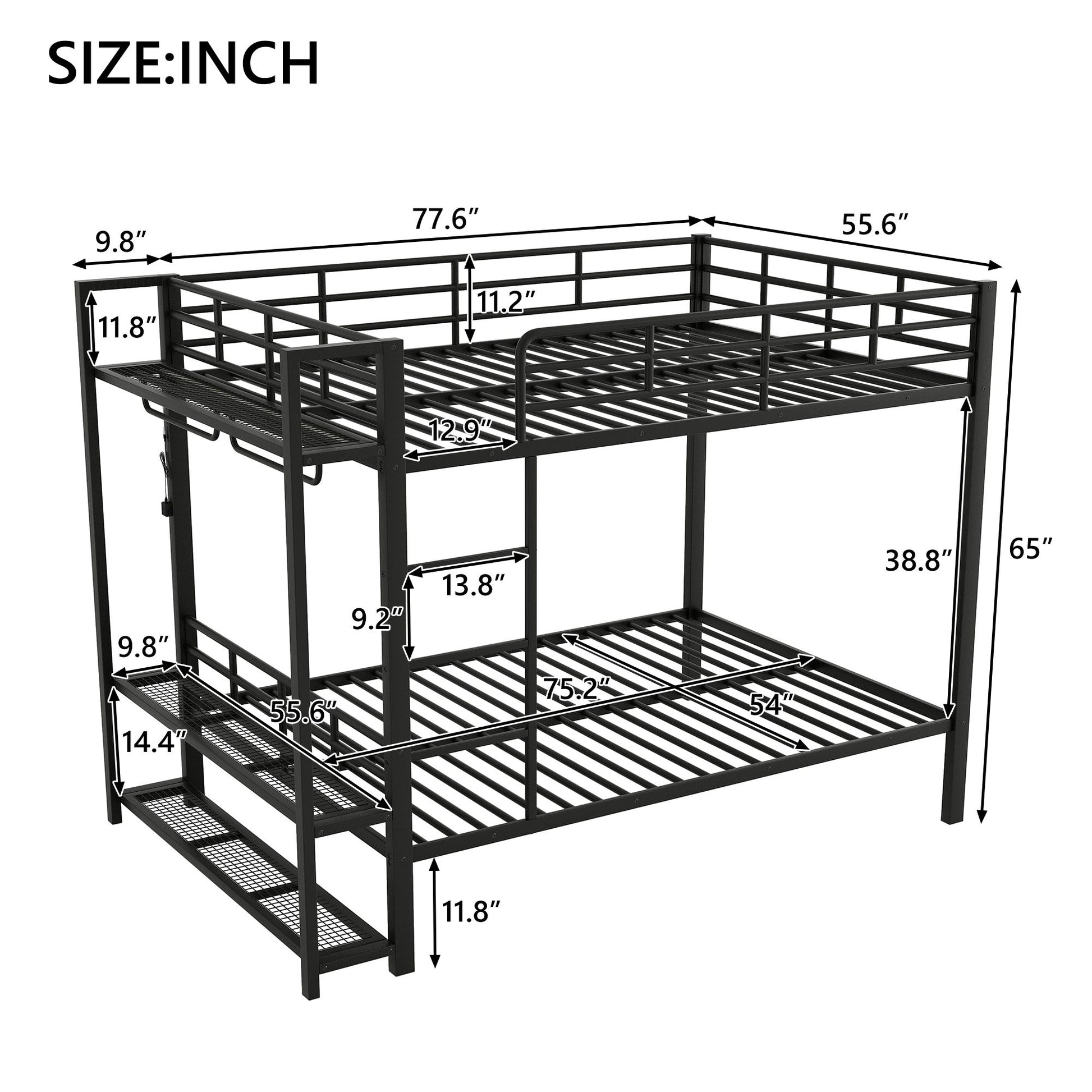 Bunk Bed With Storage Shelves, Clothes Hooks, LED Light - The Sleep Loft - Online Mattress Showroom NYC