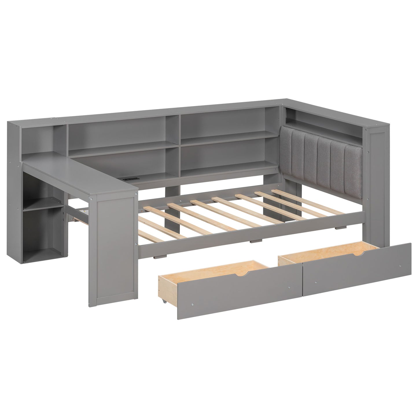 Platform Bed With Upholstered Headboard, Storage Shelves, Drawers, Charging Station, LED Lighting, Built In Desk - The Sleep Loft - Online Mattress Showroom NYC
