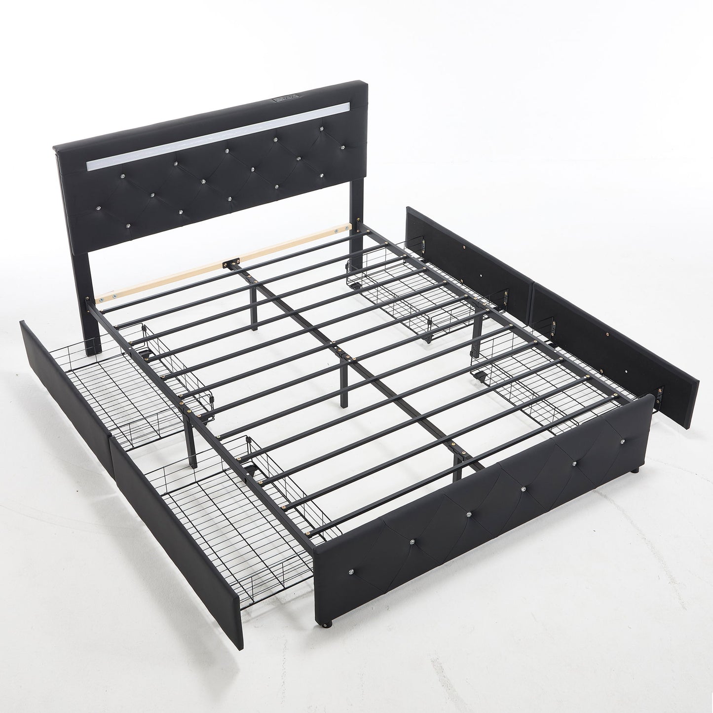 Upholstered Bed Frame With LED Lights, 4 Storage Drawers, Charging Station - The Sleep Loft - Online Mattress Showroom NYC