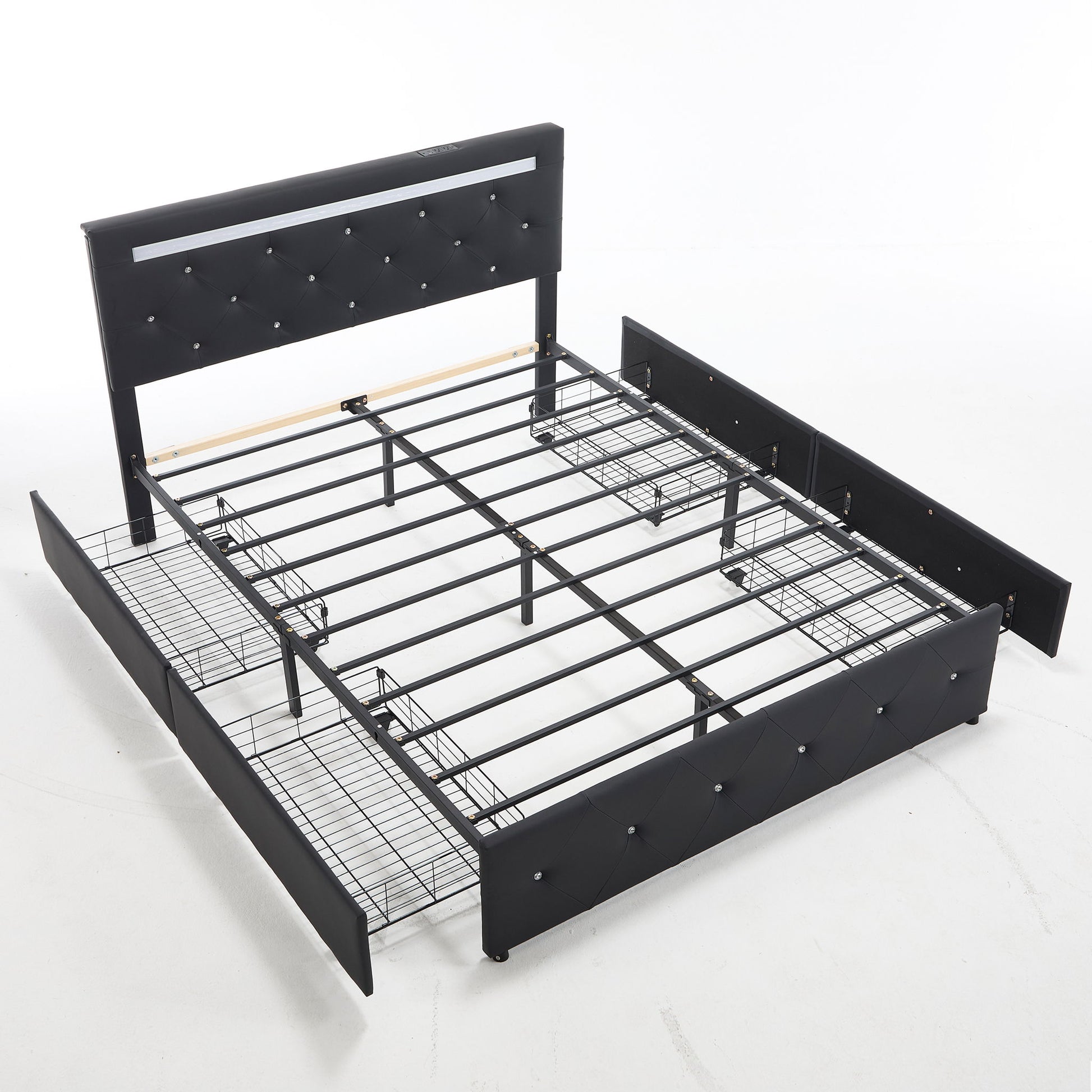 Upholstered Bed Frame With LED Lights, 4 Storage Drawers, Charging Station - The Sleep Loft - Online Mattress Showroom NYC