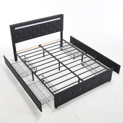 Upholstered Bed Frame With LED Lights, 4 Storage Drawers, Charging Station - The Sleep Loft - Online Mattress Showroom NYC