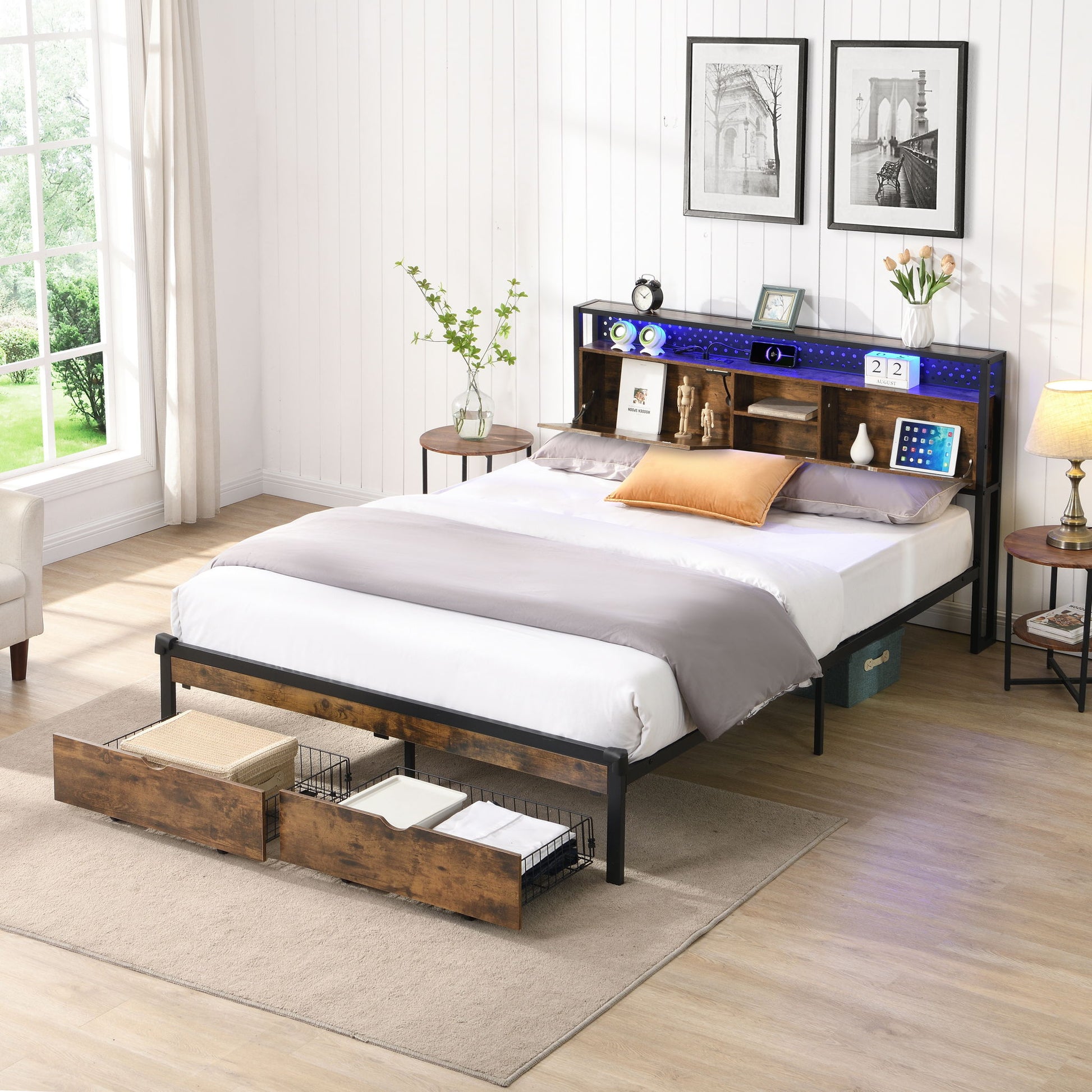 Modern Metal Platform Bed Frame With Wooden Headboard, USB Charging Station, Storage Drawers - The Sleep Loft - Online Mattress Showroom NYC