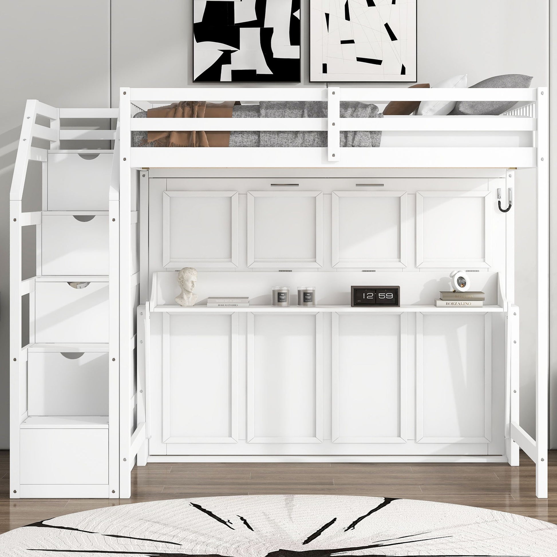 Full Long Loft Bed With Storage Staircase, Murphy Bed, LED Light - White - The Sleep Loft - Online Mattress Showroom NYC