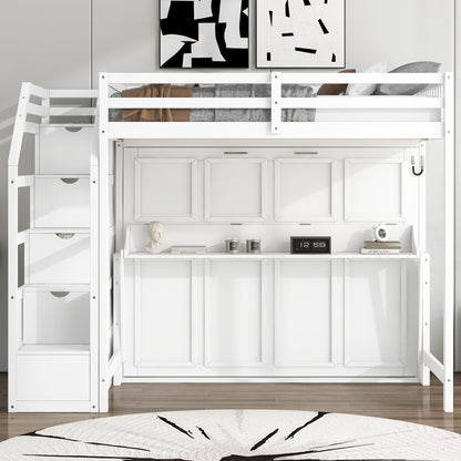 Full Long Loft Bed With Storage Staircase, Murphy Bed, LED Light - White - The Sleep Loft - Online Mattress Showroom NYC