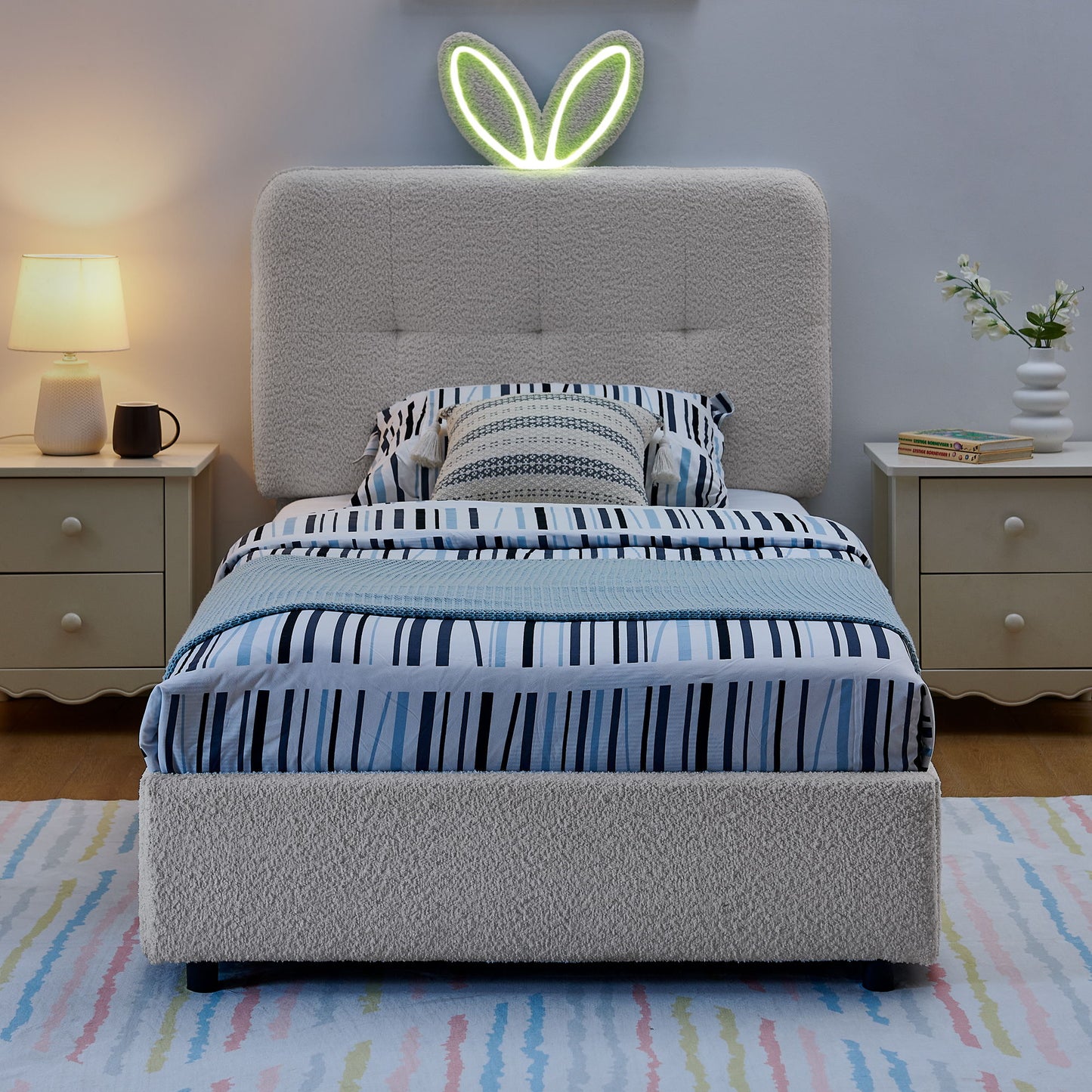 Upholstered Bed With Oversized Rabbit Ear Headboard, LED Lights & 4 Storage Drawers - The Sleep Loft - Online Mattress Showroom NYC