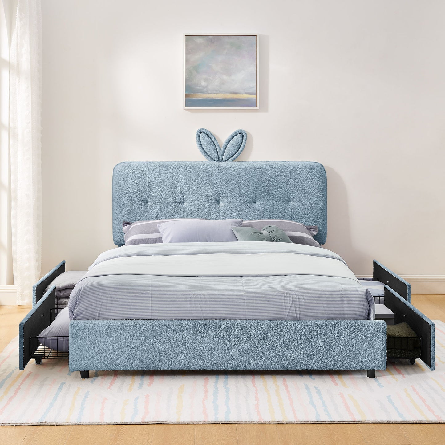 Upholstered Bed With Oversized Rabbit Ear Headboard, LED Lights & 4 Storage Drawers - The Sleep Loft - Online Mattress Showroom NYC