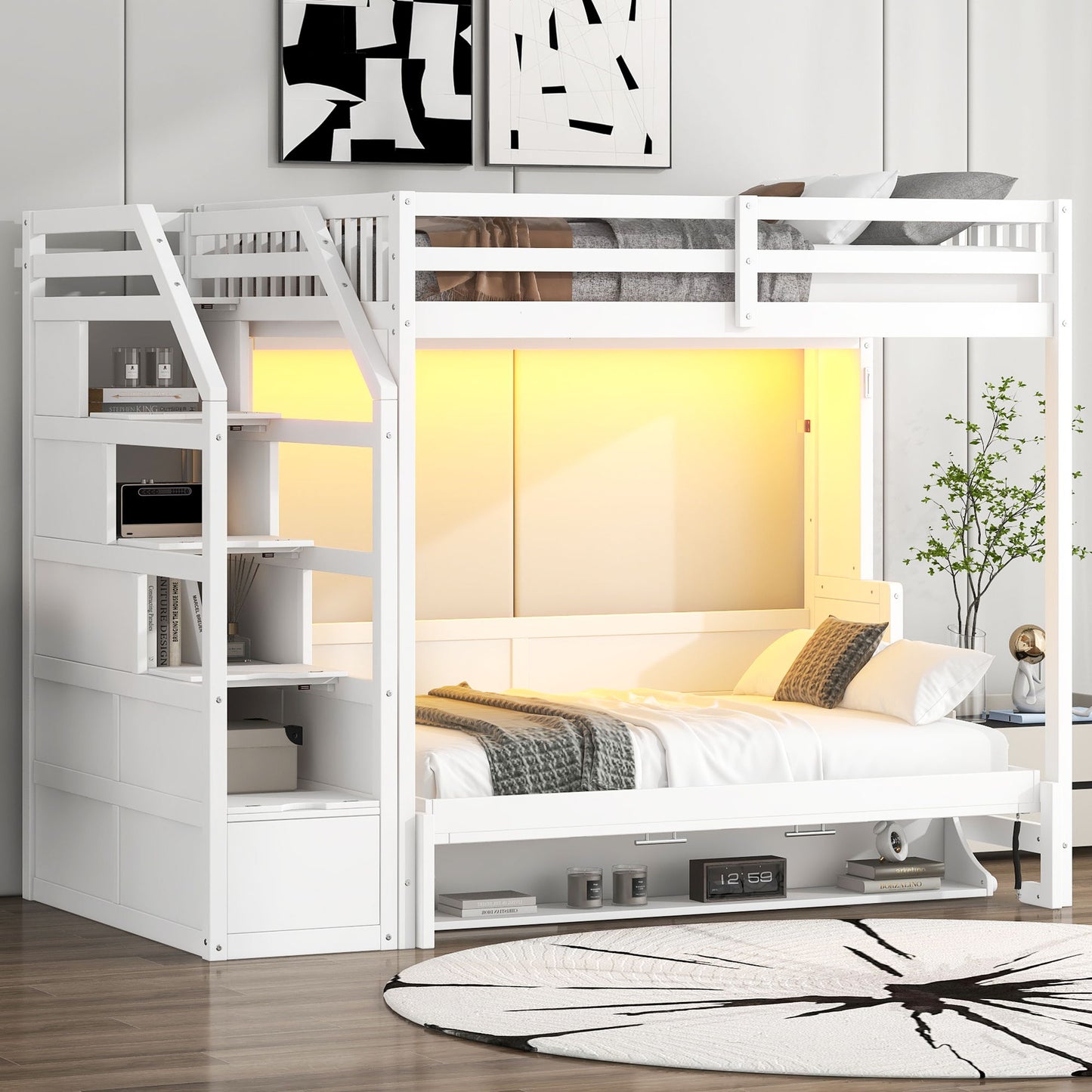 Full Long Loft Bed With Storage Staircase, Murphy Bed, LED Light - White - The Sleep Loft - Online Mattress Showroom NYC
