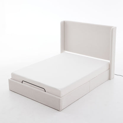 Caron - Queen Size Upholstered Wingback Bed With Adjustable Base Bundle Set - Ivory - The Sleep Loft - Online Mattress Showroom NYC