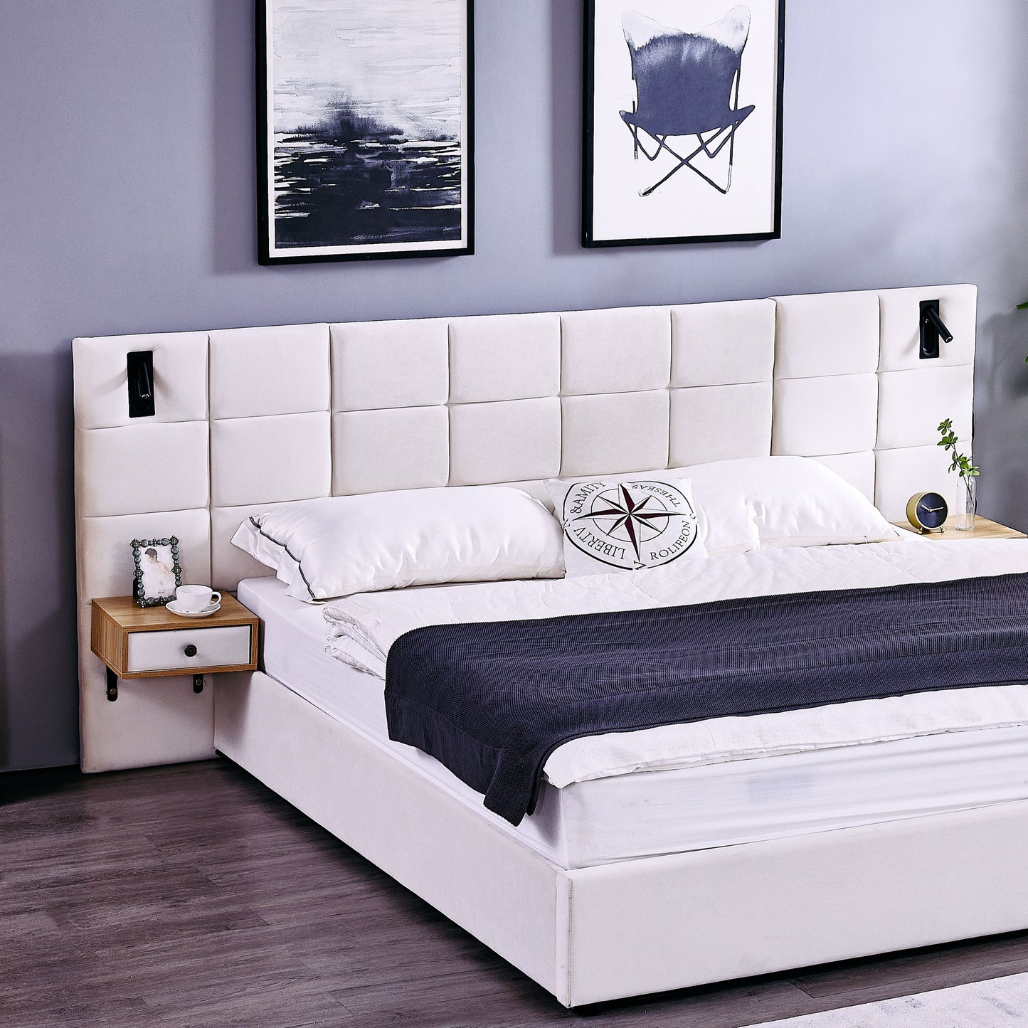 Upholstered Hydraulic Platform Bed With Storage Shelves, Reading Lamps, USB Port - The Sleep Loft - Online Mattress Showroom NYC