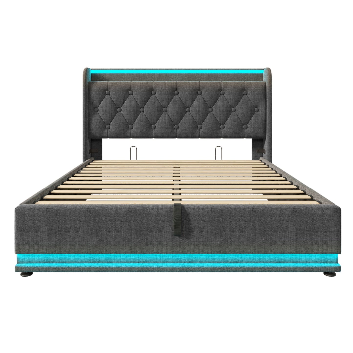Upholstered Bed, 360 Surround LED Function, Remote Control, Hydraulic Storage Bed With USB, Type-C Charging (Without Mattress) - The Sleep Loft - Online Mattress Showroom NYC
