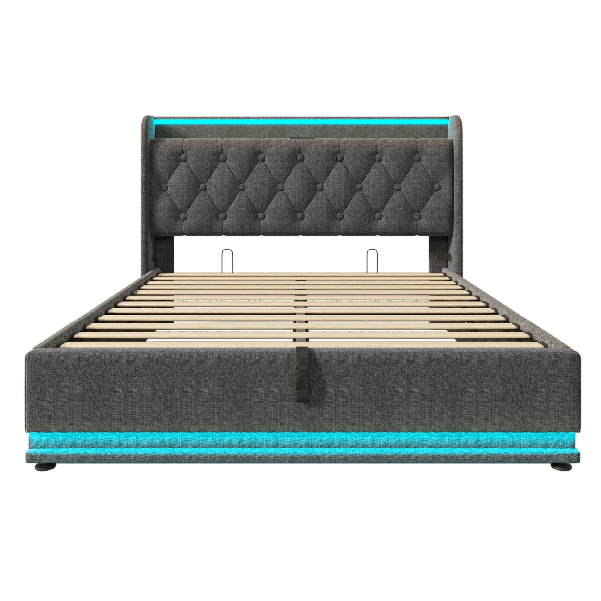 Upholstered Bed, 360 Surround LED Function, Remote Control, Hydraulic Storage Bed With USB, Type-C Charging (Without Mattress) - The Sleep Loft - Online Mattress Showroom NYC