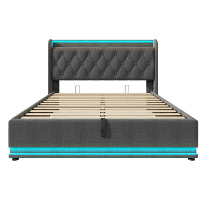 Upholstered Bed, 360 Surround LED Function, Remote Control, Hydraulic Storage Bed With USB, Type-C Charging (Without Mattress) - The Sleep Loft - Online Mattress Showroom NYC