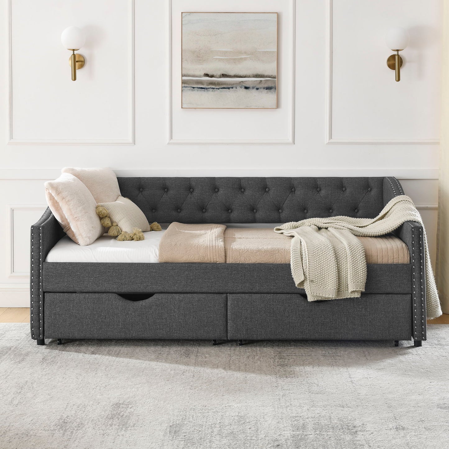 Upholstered Tufted Daybed With 2 Drawers, Waved Arms - The Sleep Loft - Online Mattress Showroom NYC