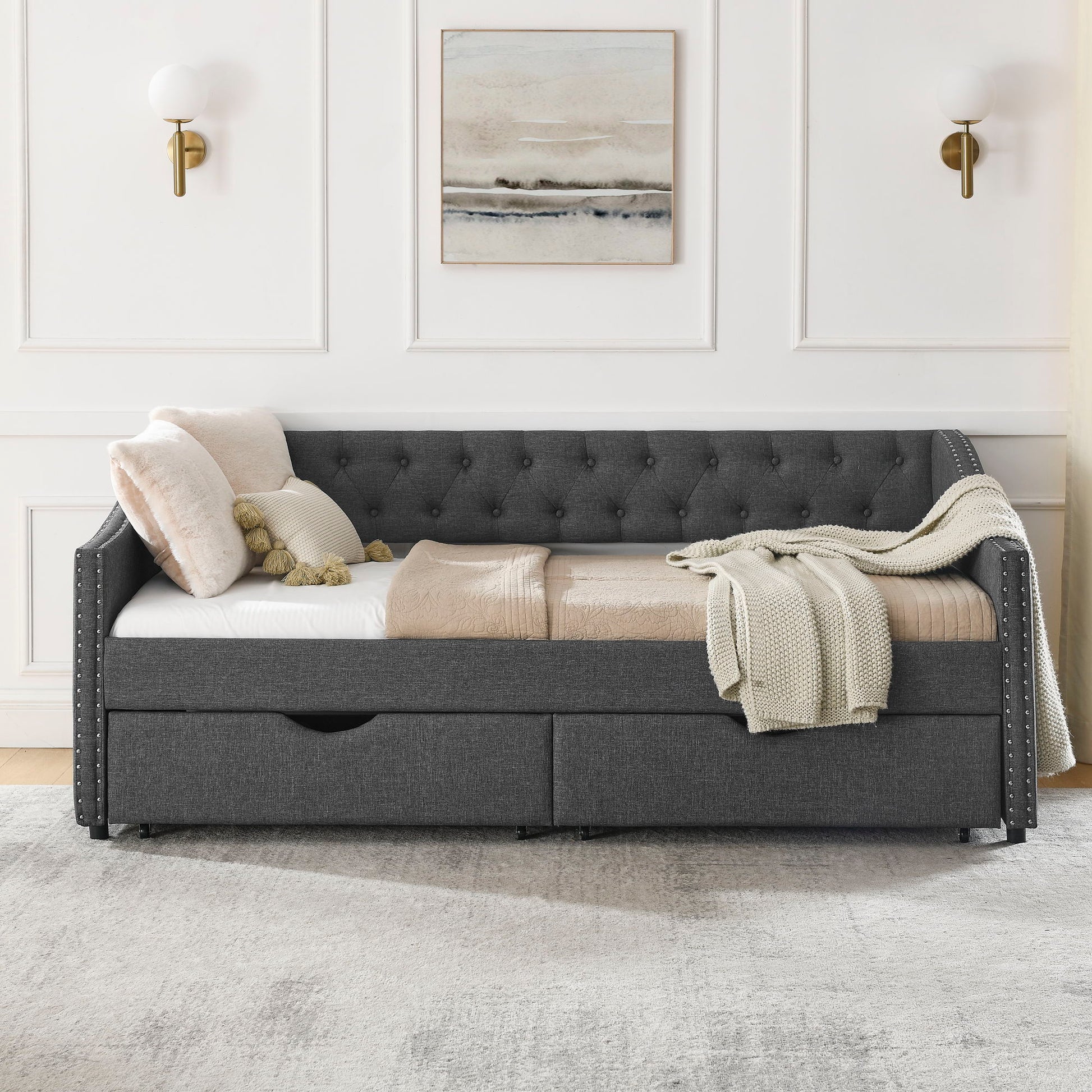 Upholstered Tufted Daybed With 2 Drawers, Waved Arms - The Sleep Loft - Online Mattress Showroom NYC