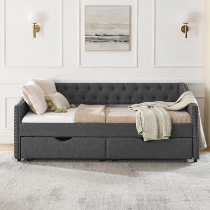 Upholstered Tufted Daybed With 2 Drawers, Waved Arms - The Sleep Loft - Online Mattress Showroom NYC
