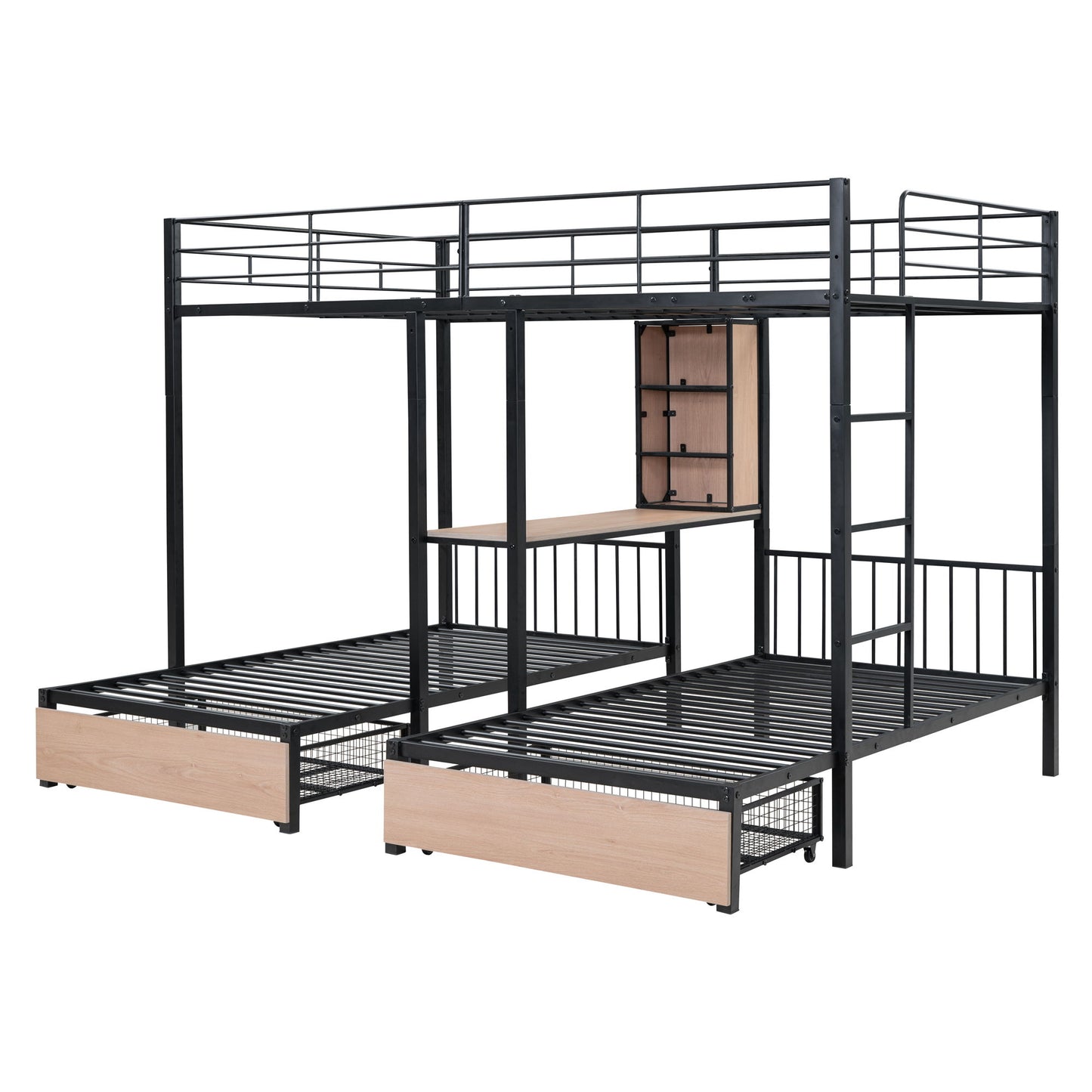 Triple Bunk Bed With Drawers, Multi-Functional Frame With Desks And Shelves In The Middle - The Sleep Loft - Online Mattress Showroom NYC