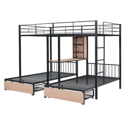 Triple Bunk Bed With Drawers, Multi-Functional Frame With Desks And Shelves In The Middle - The Sleep Loft - Online Mattress Showroom NYC