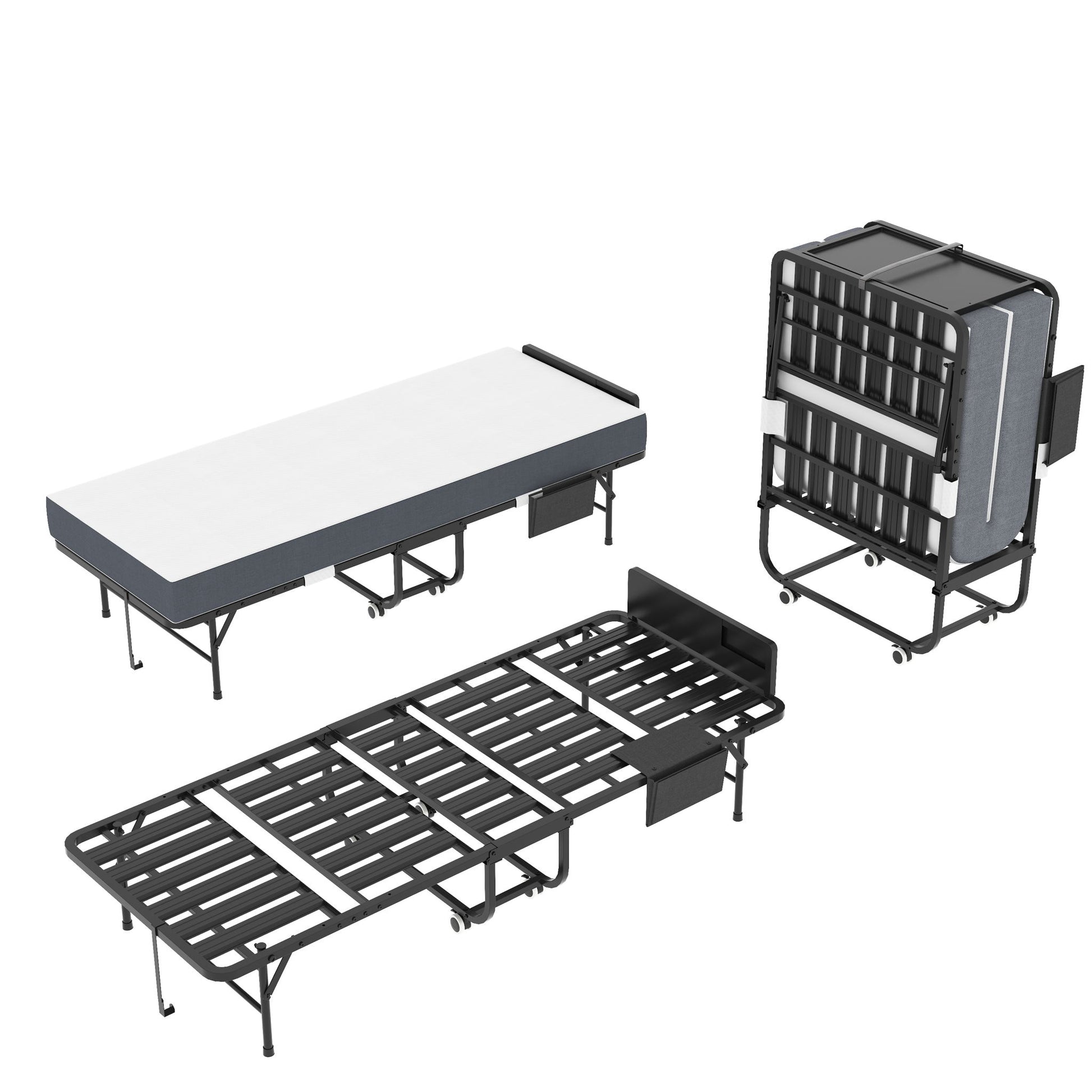 Twin Folding Bed With Adjustable Headboard & Memory Foam Mattress, Portable Coton Wheels For Tall People, Space-Saving Guest Bed - Black - The Sleep Loft - Online Mattress Showroom NYC